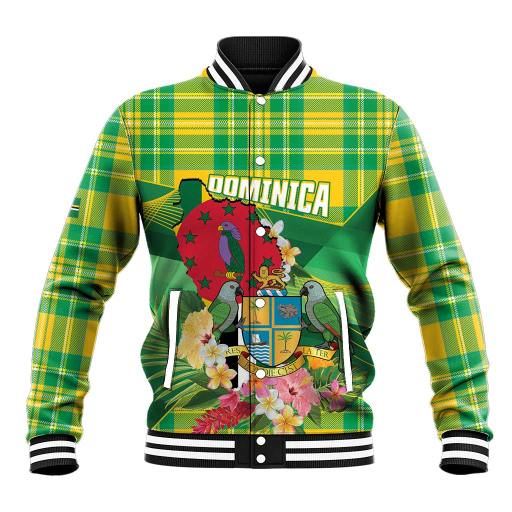 Personalized Dominica Independence Day Baseball Jacket Map With Coat Of Arms Madras Pattern - Wonder Print Shop