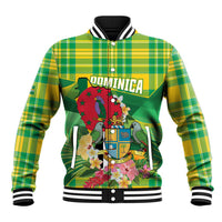 Personalized Dominica Independence Day Baseball Jacket Map With Coat Of Arms Madras Pattern - Wonder Print Shop