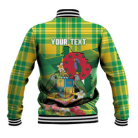 Personalized Dominica Independence Day Baseball Jacket Map With Coat Of Arms Madras Pattern - Wonder Print Shop