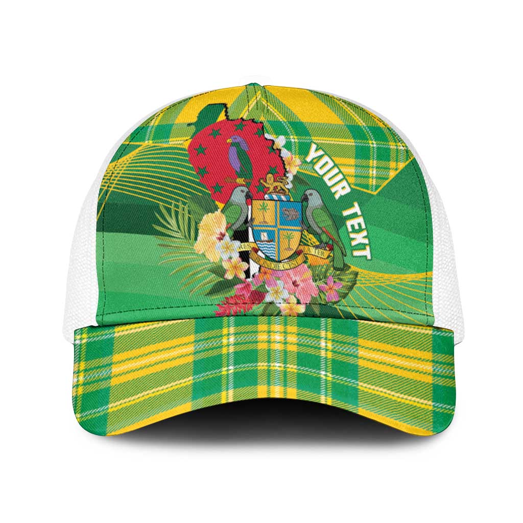 Personalized Dominica Independence Day Baseball Net Cap Map With Coat Of Arms Madras Pattern - Wonder Print Shop