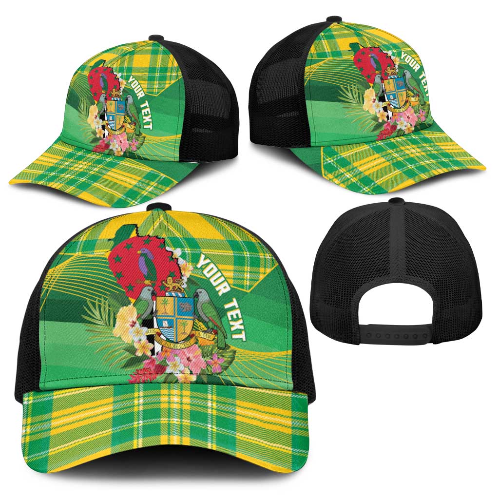 Personalized Dominica Independence Day Baseball Net Cap Map With Coat Of Arms Madras Pattern - Wonder Print Shop