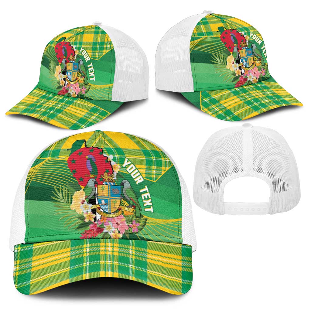 Personalized Dominica Independence Day Baseball Net Cap Map With Coat Of Arms Madras Pattern - Wonder Print Shop