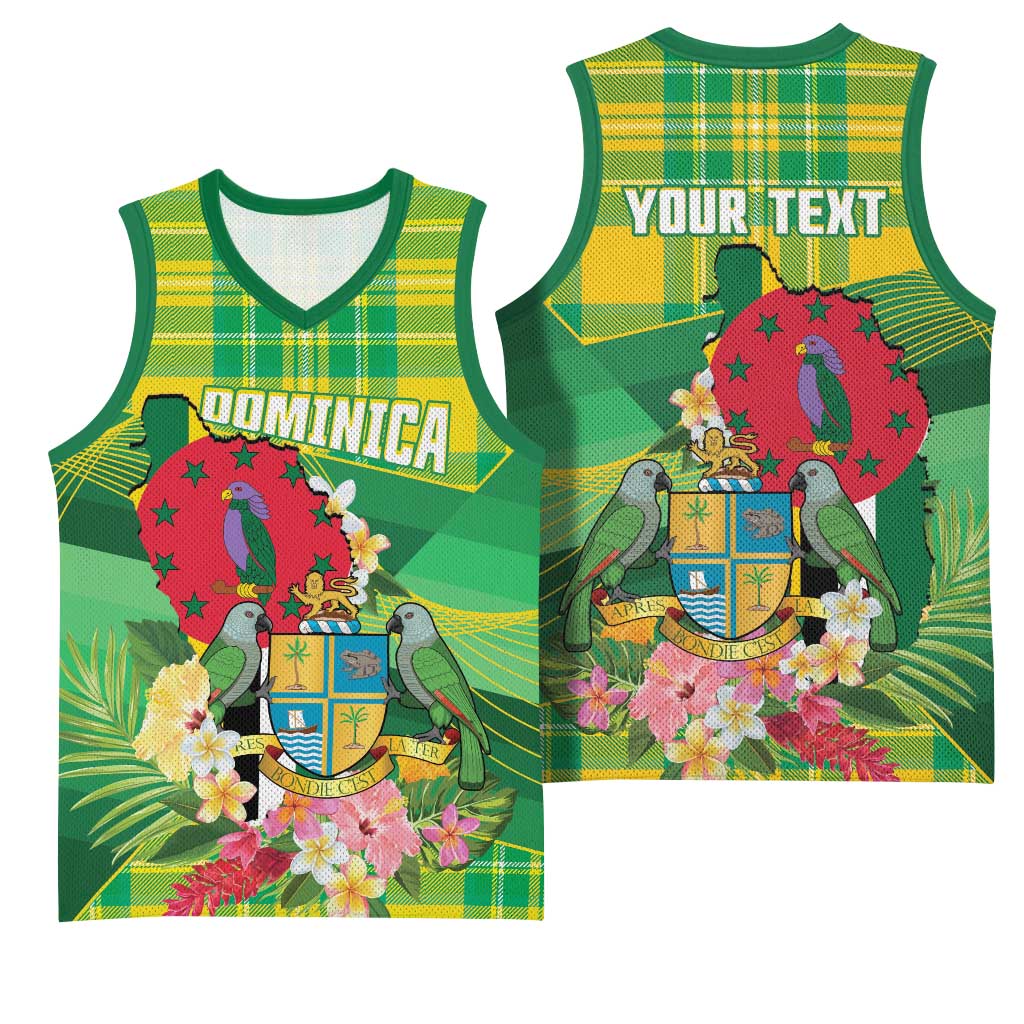 Personalized Dominica Independence Day Basketball Jersey Map With Coat Of Arms Madras Pattern - Wonder Print Shop