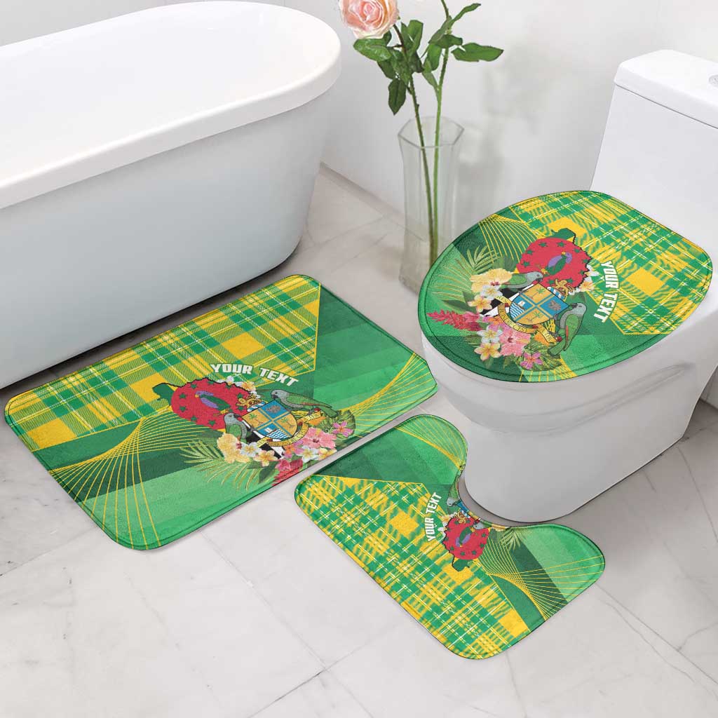 Personalized Dominica Independence Day Bathroom Set Map With Coat Of Arms Madras Pattern - Wonder Print Shop