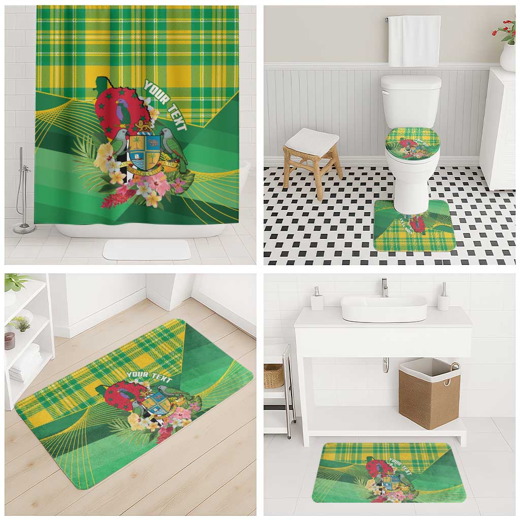 Personalized Dominica Independence Day Bathroom Set Map With Coat Of Arms Madras Pattern - Wonder Print Shop