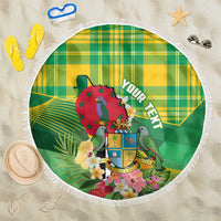 Personalized Dominica Independence Day Beach Blanket Map With Coat Of Arms Madras Pattern - Wonder Print Shop