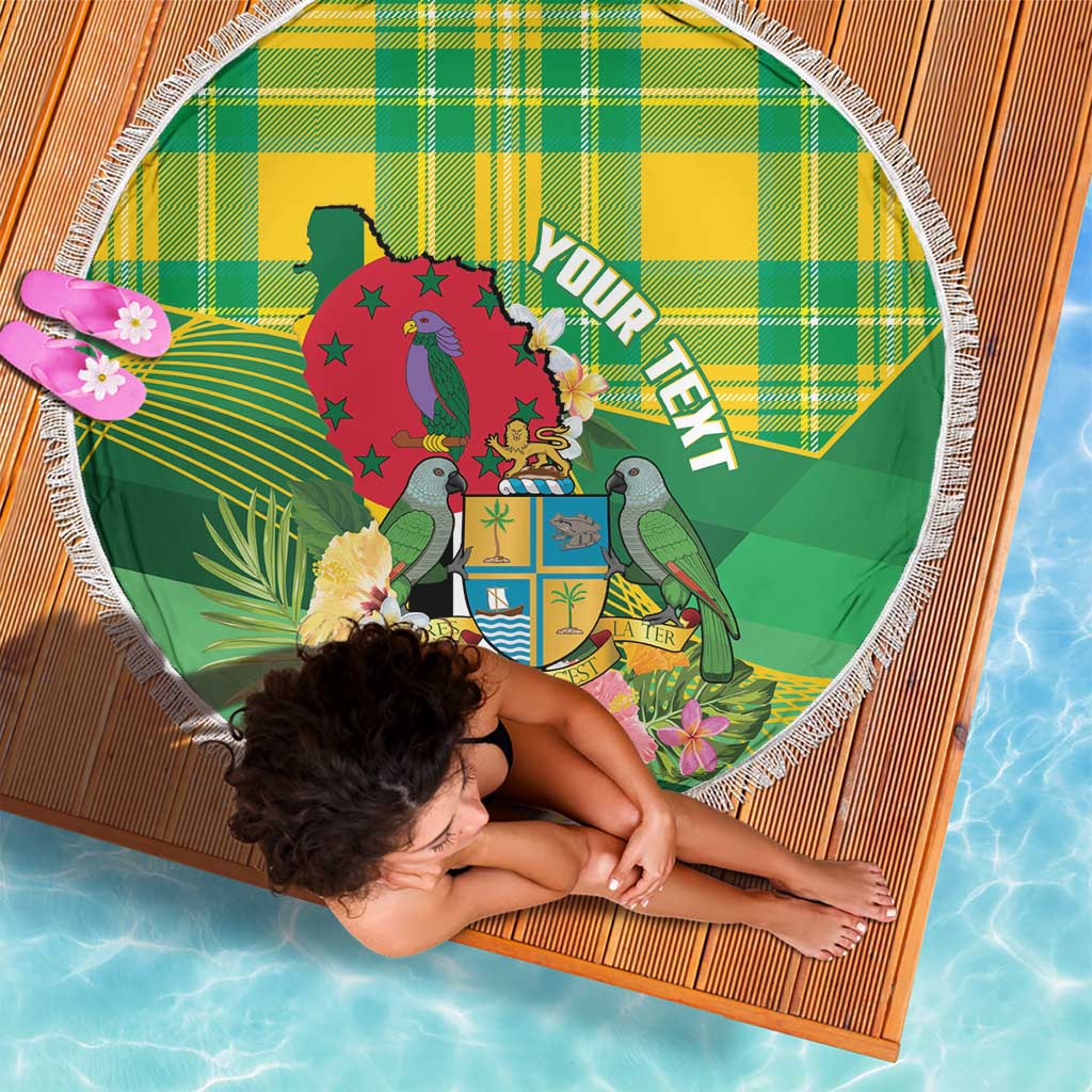 Personalized Dominica Independence Day Beach Blanket Map With Coat Of Arms Madras Pattern - Wonder Print Shop