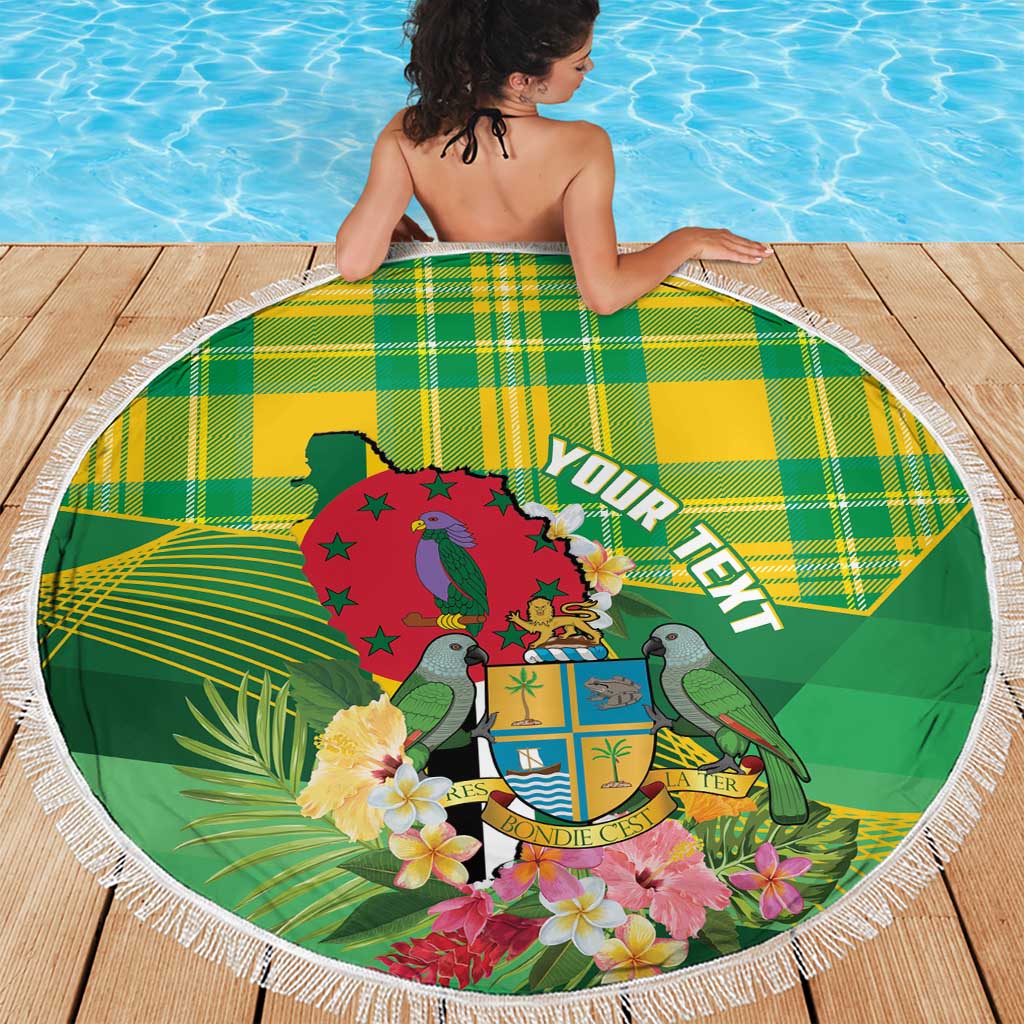 Personalized Dominica Independence Day Beach Blanket Map With Coat Of Arms Madras Pattern - Wonder Print Shop
