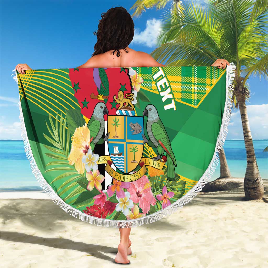 Personalized Dominica Independence Day Beach Blanket Map With Coat Of Arms Madras Pattern - Wonder Print Shop