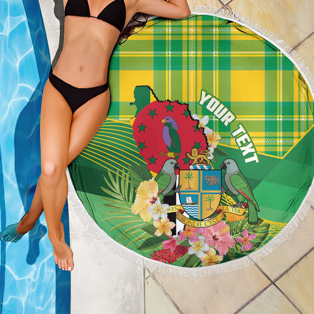 Personalized Dominica Independence Day Beach Blanket Map With Coat Of Arms Madras Pattern - Wonder Print Shop