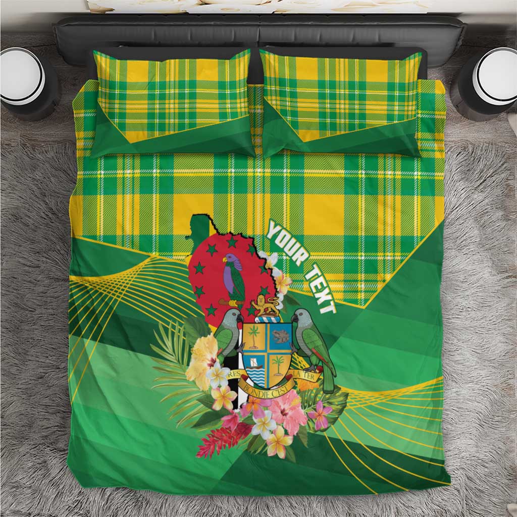 Personalized Dominica Independence Day Bedding Set Map With Coat Of Arms Madras Pattern - Wonder Print Shop