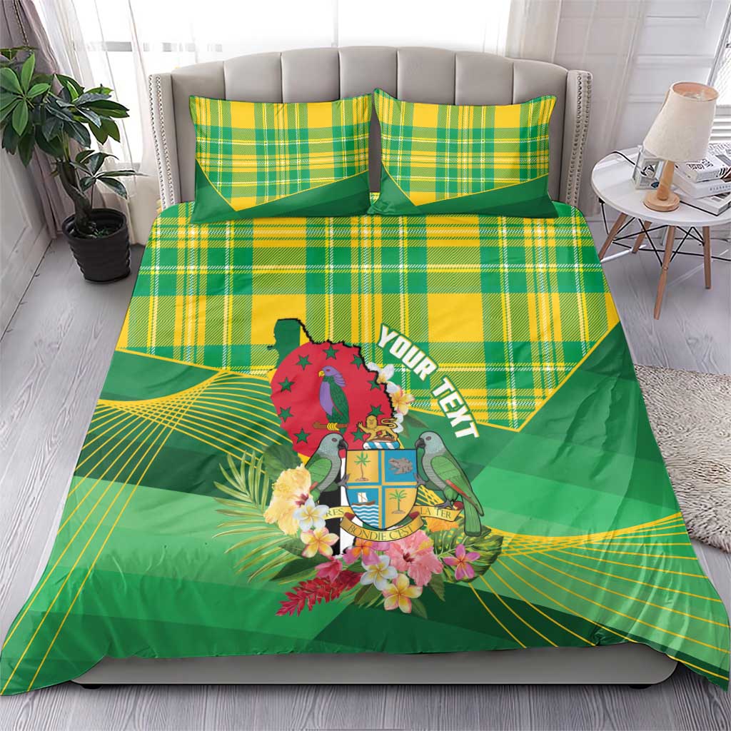 Personalized Dominica Independence Day Bedding Set Map With Coat Of Arms Madras Pattern - Wonder Print Shop
