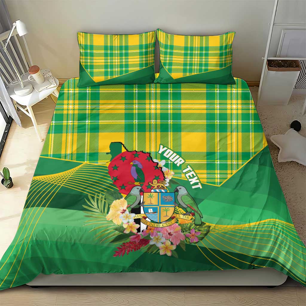 Personalized Dominica Independence Day Bedding Set Map With Coat Of Arms Madras Pattern - Wonder Print Shop