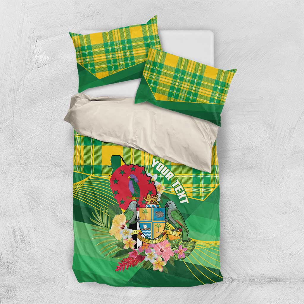 Personalized Dominica Independence Day Bedding Set Map With Coat Of Arms Madras Pattern - Wonder Print Shop