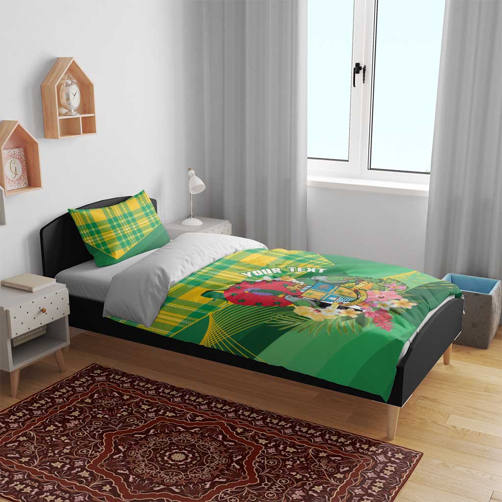 Personalized Dominica Independence Day Bedding Set Map With Coat Of Arms Madras Pattern - Wonder Print Shop