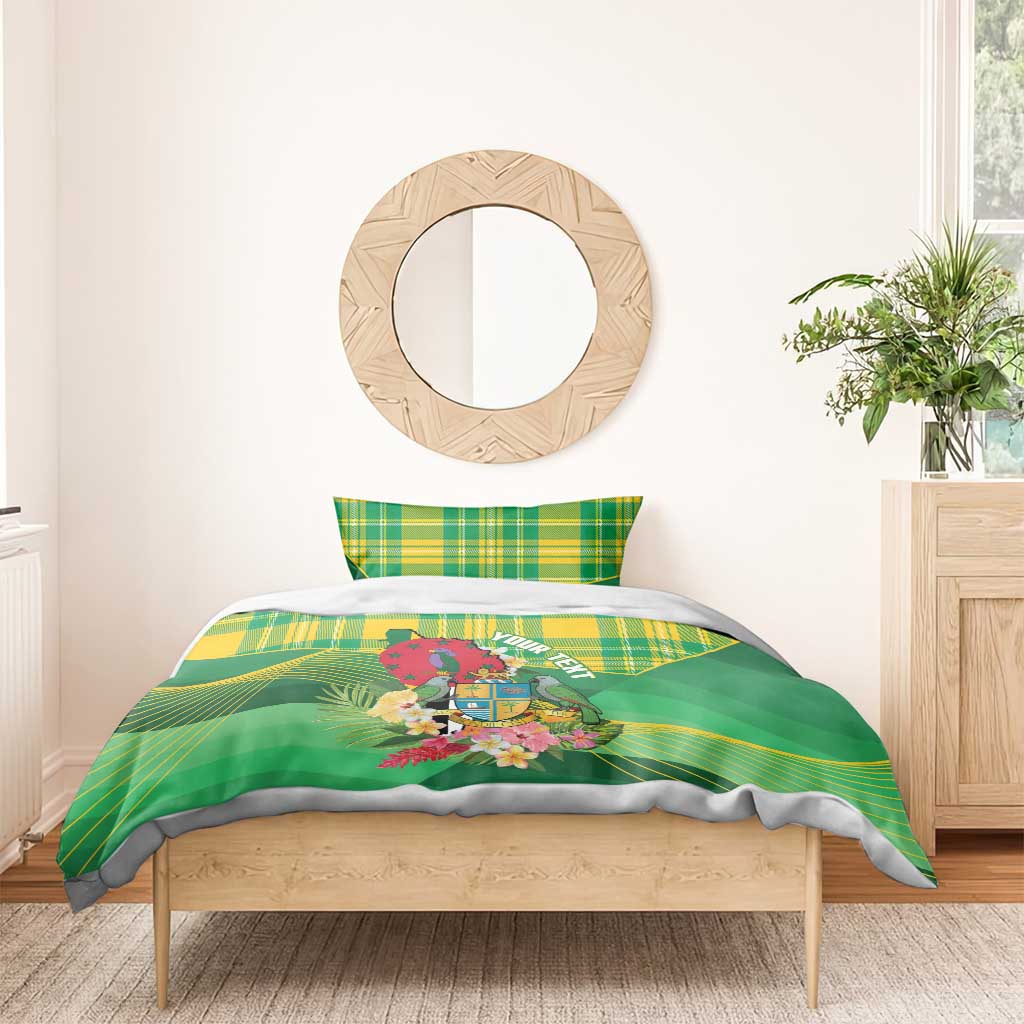 Personalized Dominica Independence Day Bedding Set Map With Coat Of Arms Madras Pattern - Wonder Print Shop