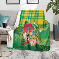 Personalized Dominica Independence Day Blanket Map With Coat Of Arms Madras Pattern - Wonder Print Shop