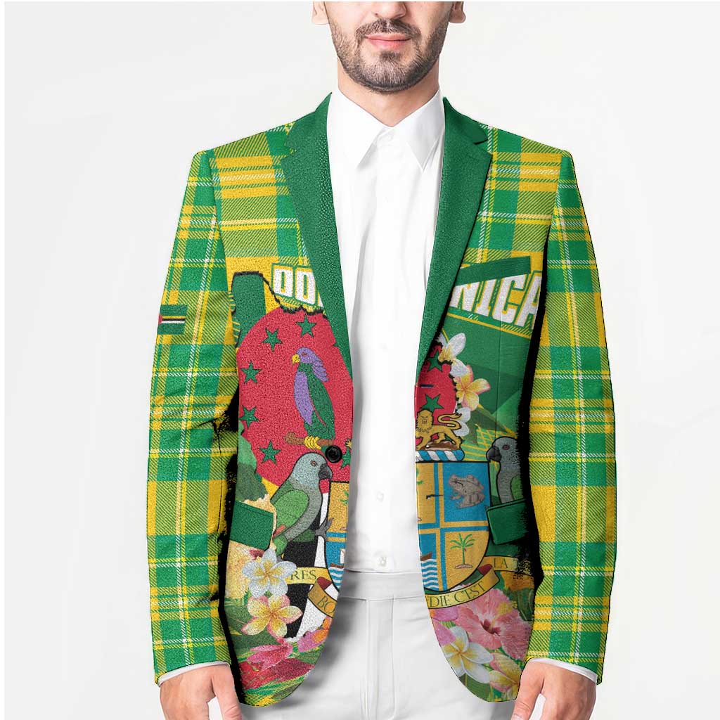 Personalized Dominica Independence Day Blazer Map With Coat Of Arms Madras Pattern - Wonder Print Shop