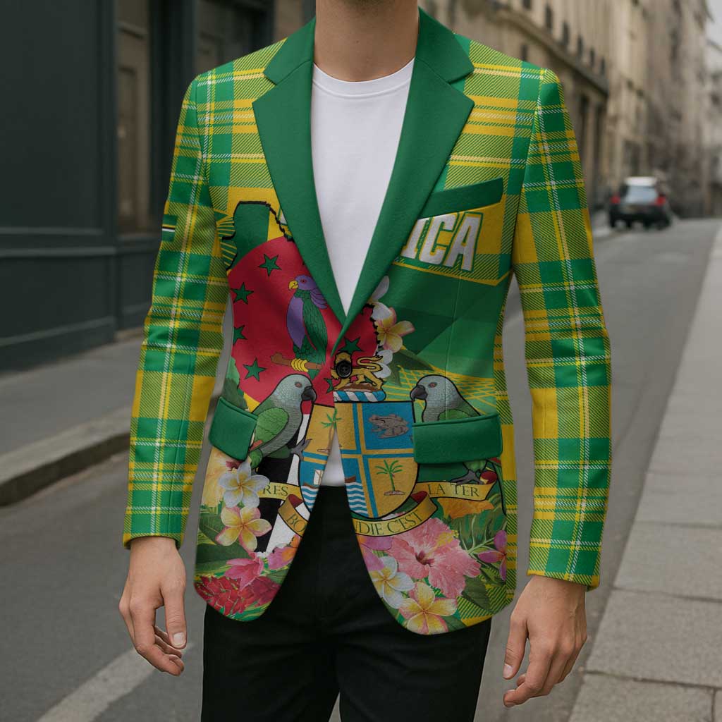 Personalized Dominica Independence Day Blazer Map With Coat Of Arms Madras Pattern - Wonder Print Shop