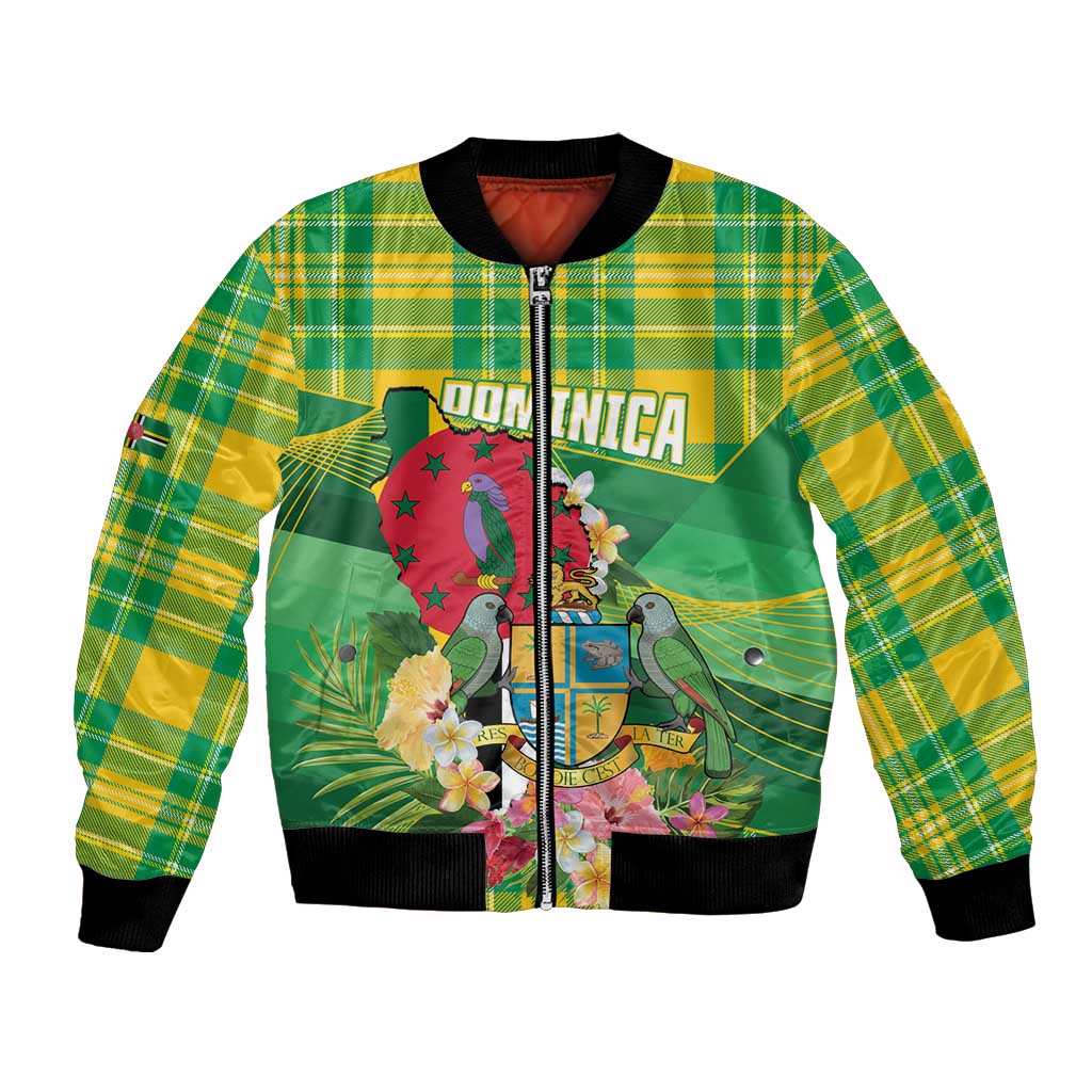Personalized Dominica Independence Day Bomber Jacket Map With Coat Of Arms Madras Pattern - Wonder Print Shop