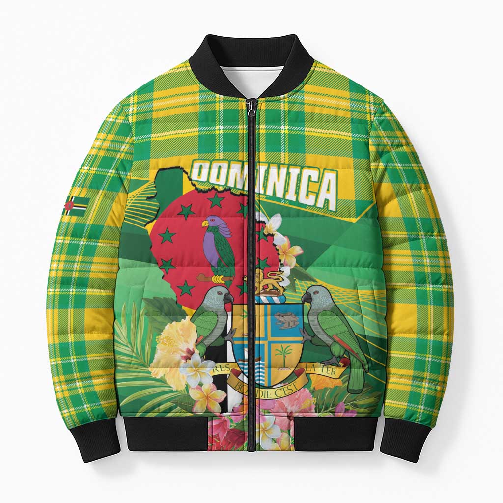 Personalized Dominica Independence Day Bomber Puffer Jacket Map With Coat Of Arms Madras Pattern - Wonder Print Shop