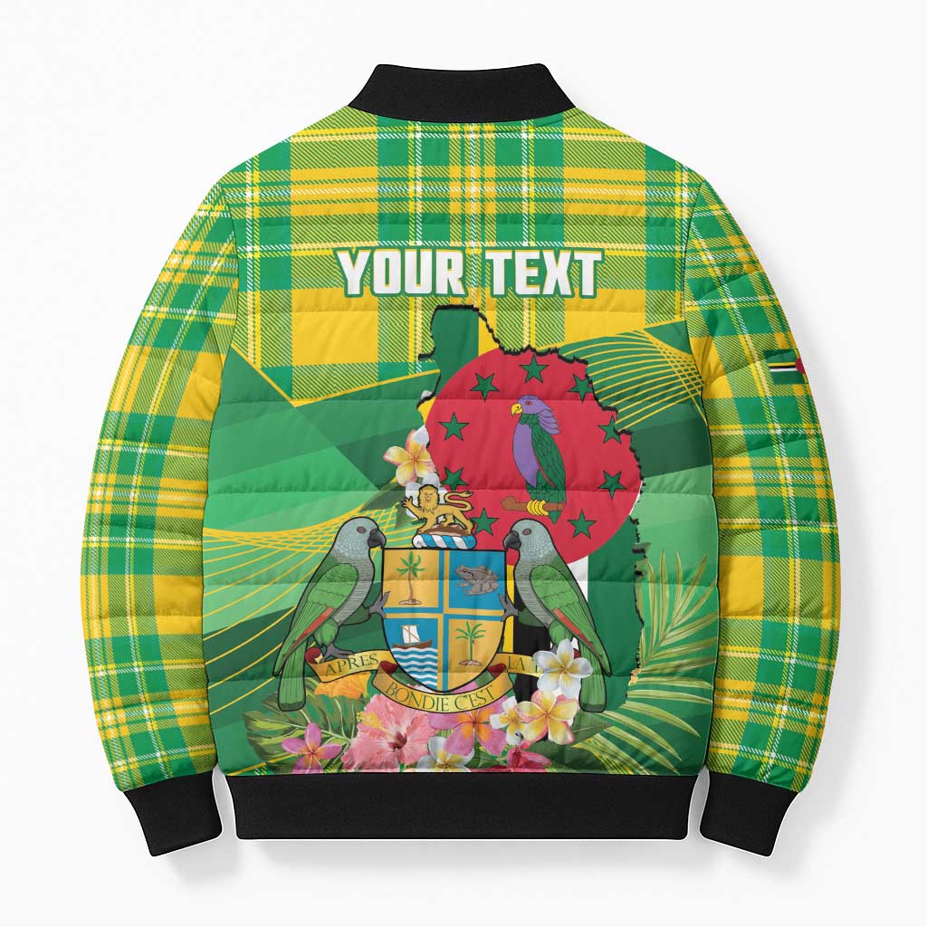 Personalized Dominica Independence Day Bomber Puffer Jacket Map With Coat Of Arms Madras Pattern - Wonder Print Shop