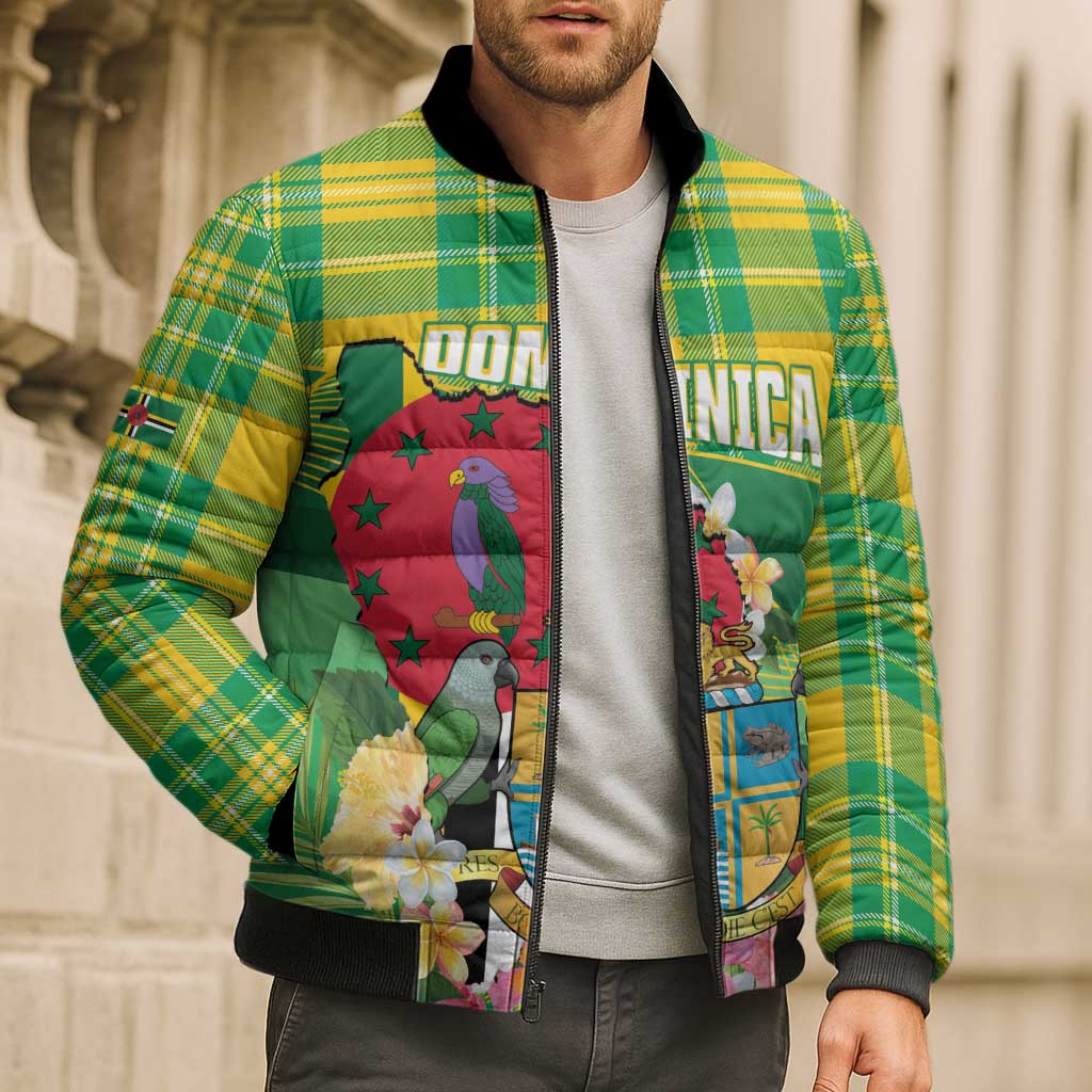 Personalized Dominica Independence Day Bomber Puffer Jacket Map With Coat Of Arms Madras Pattern - Wonder Print Shop