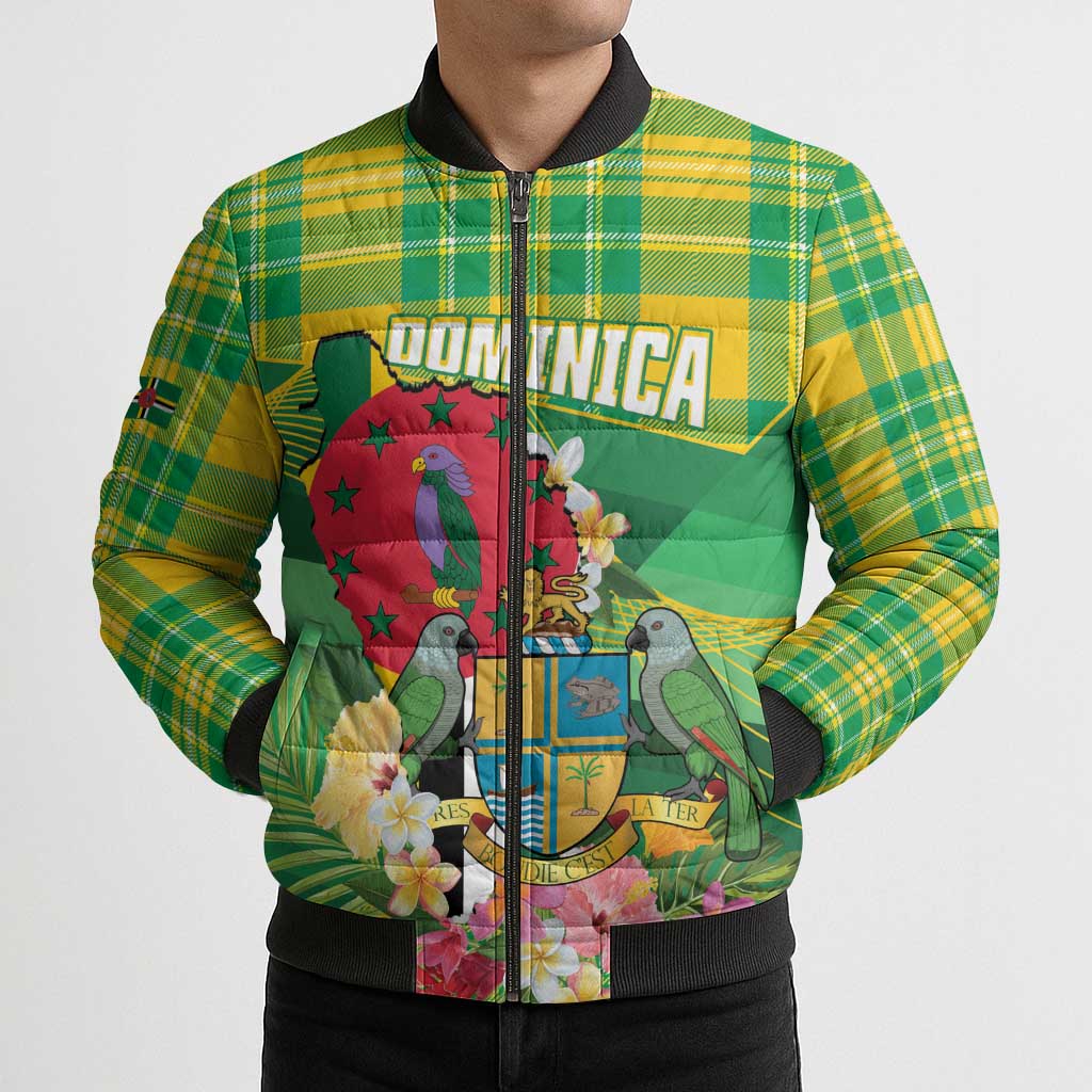 Personalized Dominica Independence Day Bomber Puffer Jacket Map With Coat Of Arms Madras Pattern - Wonder Print Shop