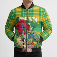 Personalized Dominica Independence Day Bomber Puffer Jacket Map With Coat Of Arms Madras Pattern - Wonder Print Shop