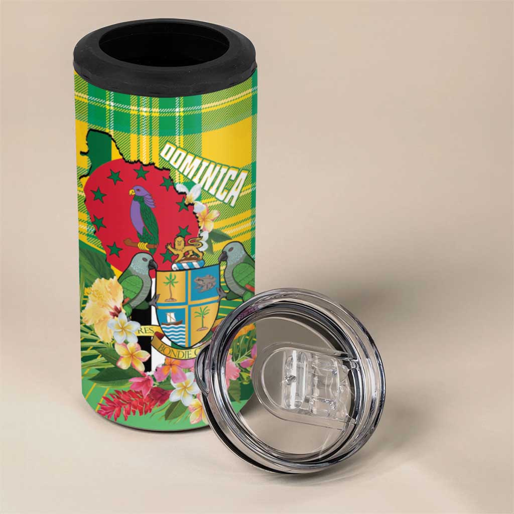 Personalized Dominica Independence Day 4 in 1 Can Cooler Tumbler Map With Coat Of Arms Madras Pattern - Wonder Print Shop