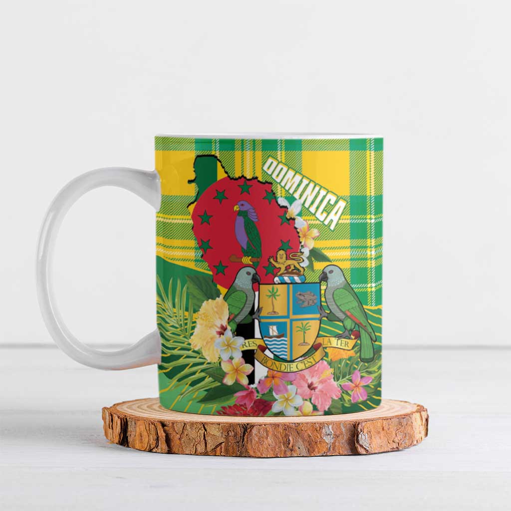 Personalized Dominica Independence Day Ceramic Mug Map With Coat Of Arms Madras Pattern - Wonder Print Shop