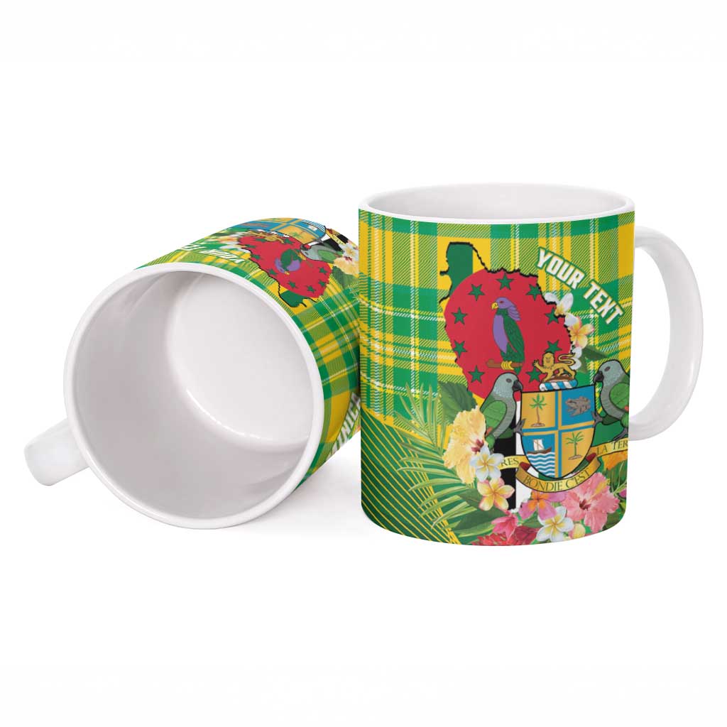 Personalized Dominica Independence Day Ceramic Mug Map With Coat Of Arms Madras Pattern - Wonder Print Shop