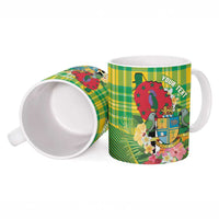 Personalized Dominica Independence Day Ceramic Mug Map With Coat Of Arms Madras Pattern - Wonder Print Shop
