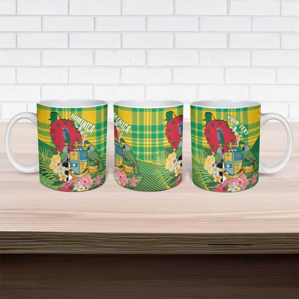 Personalized Dominica Independence Day Ceramic Mug Map With Coat Of Arms Madras Pattern - Wonder Print Shop