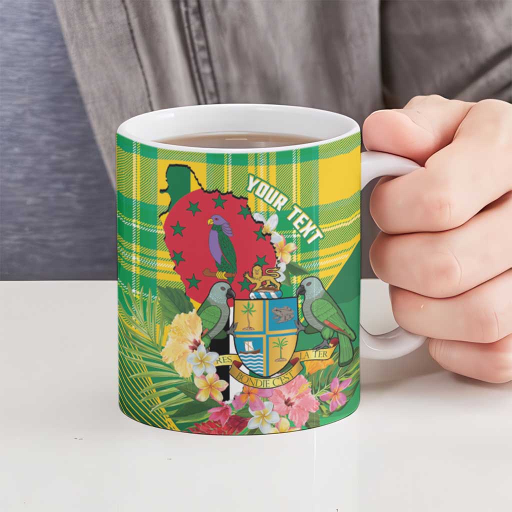 Personalized Dominica Independence Day Ceramic Mug Map With Coat Of Arms Madras Pattern - Wonder Print Shop