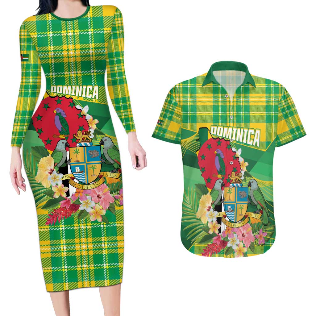 Personalized Dominica Independence Day Couples Matching Long Sleeve Bodycon Dress and Hawaiian Shirt Map With Coat Of Arms Madras Pattern - Wonder Print Shop