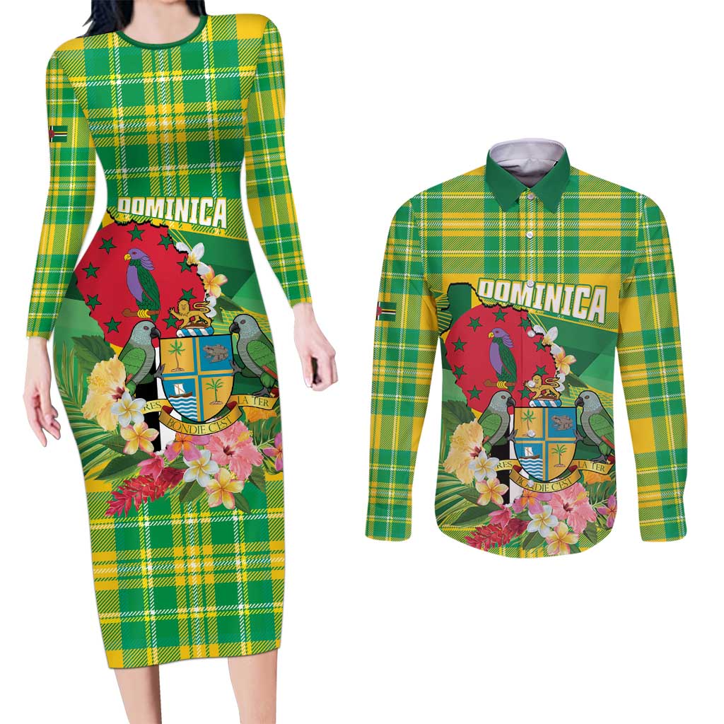 Personalized Dominica Independence Day Couples Matching Long Sleeve Bodycon Dress and Long Sleeve Button Shirt Map With Coat Of Arms Madras Pattern - Wonder Print Shop