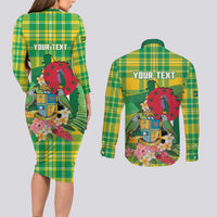 Personalized Dominica Independence Day Couples Matching Long Sleeve Bodycon Dress and Long Sleeve Button Shirt Map With Coat Of Arms Madras Pattern - Wonder Print Shop