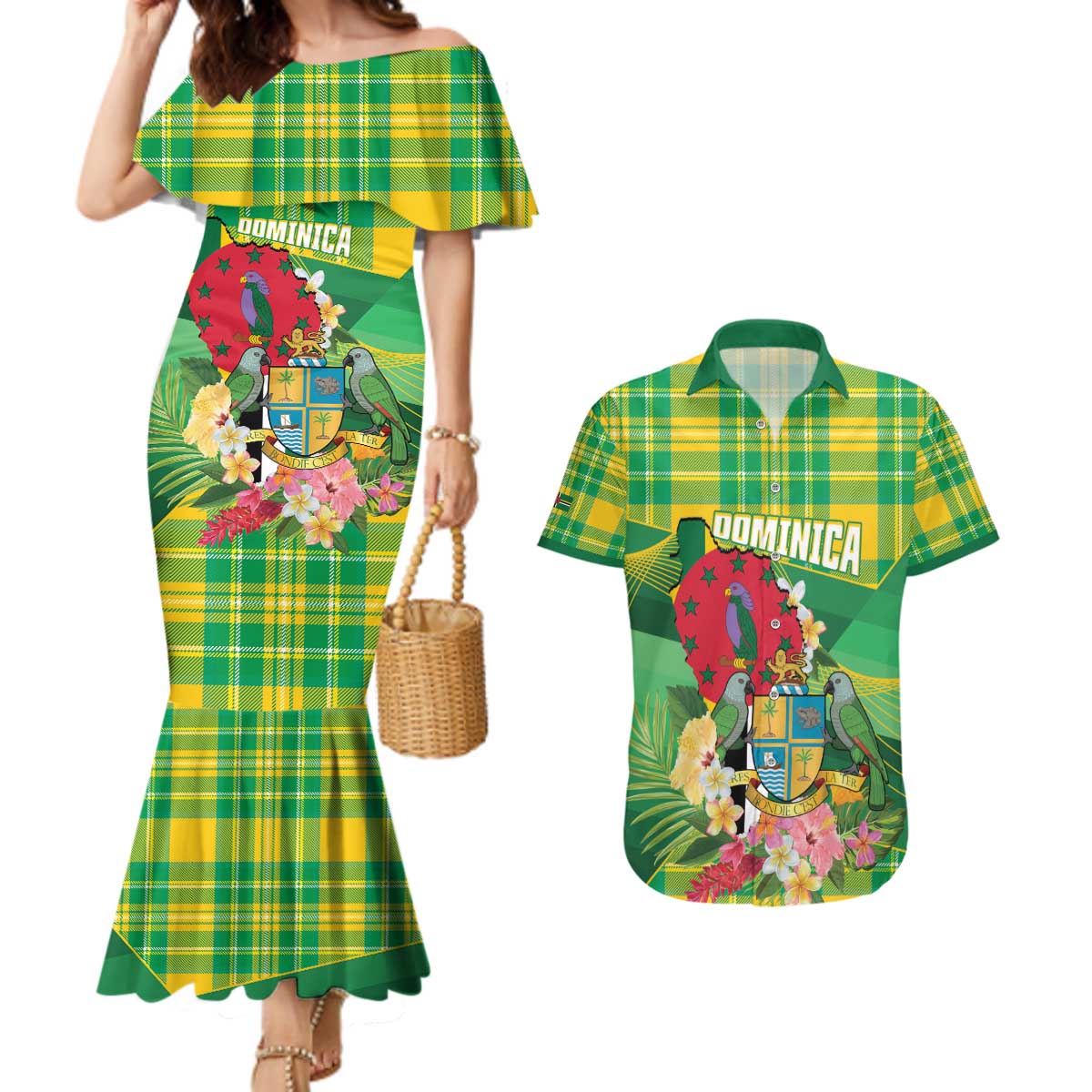 Personalized Dominica Independence Day Couples Matching Mermaid Dress and Hawaiian Shirt Map With Coat Of Arms Madras Pattern - Wonder Print Shop