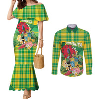 Personalized Dominica Independence Day Couples Matching Mermaid Dress and Long Sleeve Button Shirt Map With Coat Of Arms Madras Pattern - Wonder Print Shop