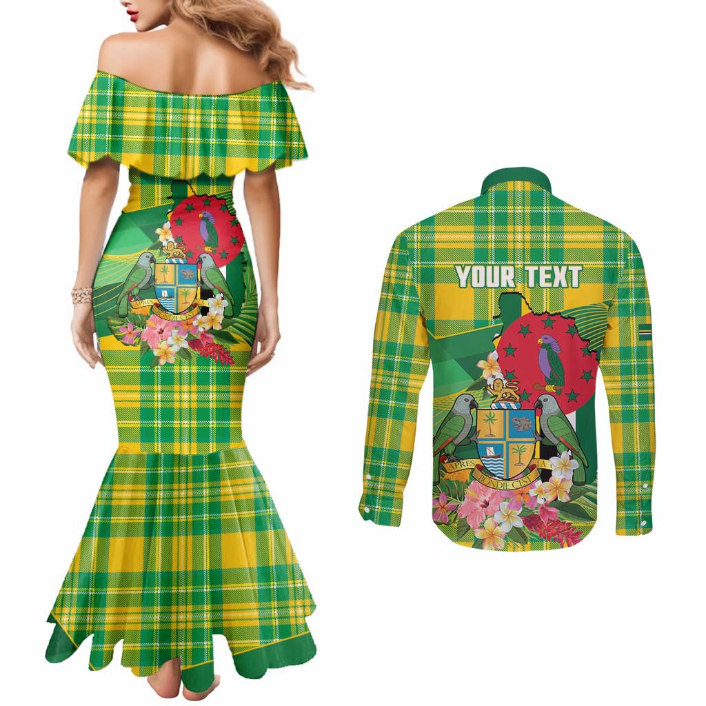 Personalized Dominica Independence Day Couples Matching Mermaid Dress and Long Sleeve Button Shirt Map With Coat Of Arms Madras Pattern - Wonder Print Shop