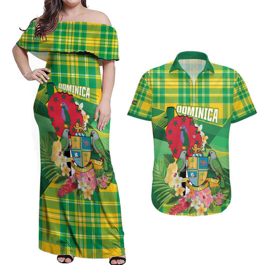Personalized Dominica Independence Day Couples Matching Off Shoulder Maxi Dress and Hawaiian Shirt Map With Coat Of Arms Madras Pattern - Wonder Print Shop