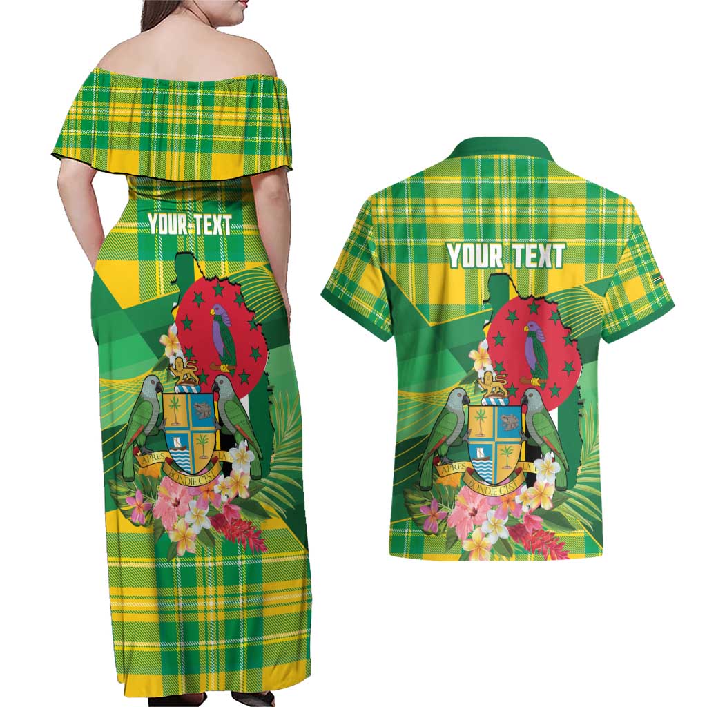 Personalized Dominica Independence Day Couples Matching Off Shoulder Maxi Dress and Hawaiian Shirt Map With Coat Of Arms Madras Pattern - Wonder Print Shop