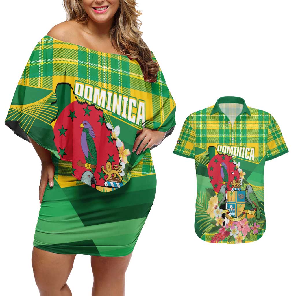 Personalized Dominica Independence Day Couples Matching Off Shoulder Short Dress and Hawaiian Shirt Map With Coat Of Arms Madras Pattern - Wonder Print Shop