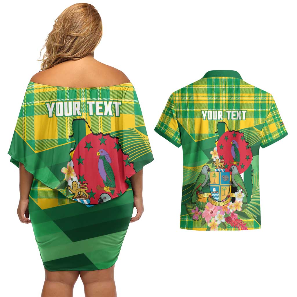 Personalized Dominica Independence Day Couples Matching Off Shoulder Short Dress and Hawaiian Shirt Map With Coat Of Arms Madras Pattern - Wonder Print Shop