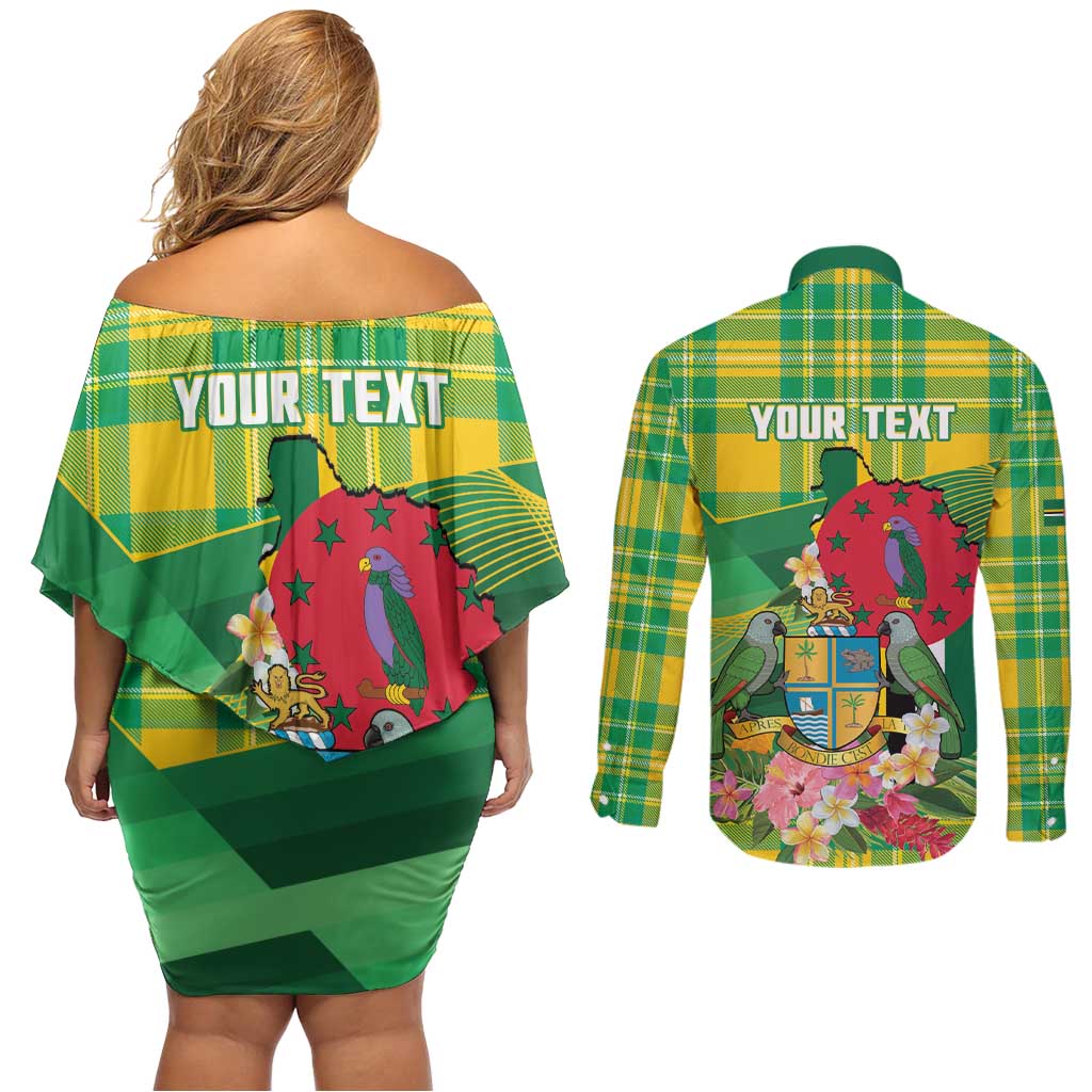 Personalized Dominica Independence Day Couples Matching Off Shoulder Short Dress and Long Sleeve Button Shirt Map With Coat Of Arms Madras Pattern - Wonder Print Shop