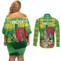 Personalized Dominica Independence Day Couples Matching Off Shoulder Short Dress and Long Sleeve Button Shirt Map With Coat Of Arms Madras Pattern - Wonder Print Shop