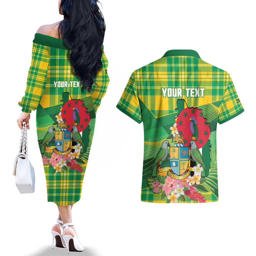 Personalized Dominica Independence Day Couples Matching Off The Shoulder Long Sleeve Dress and Hawaiian Shirt Map With Coat Of Arms Madras Pattern - Wonder Print Shop