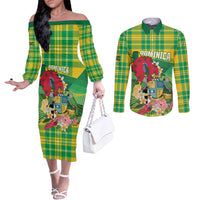 Personalized Dominica Independence Day Couples Matching Off The Shoulder Long Sleeve Dress and Long Sleeve Button Shirt Map With Coat Of Arms Madras Pattern - Wonder Print Shop