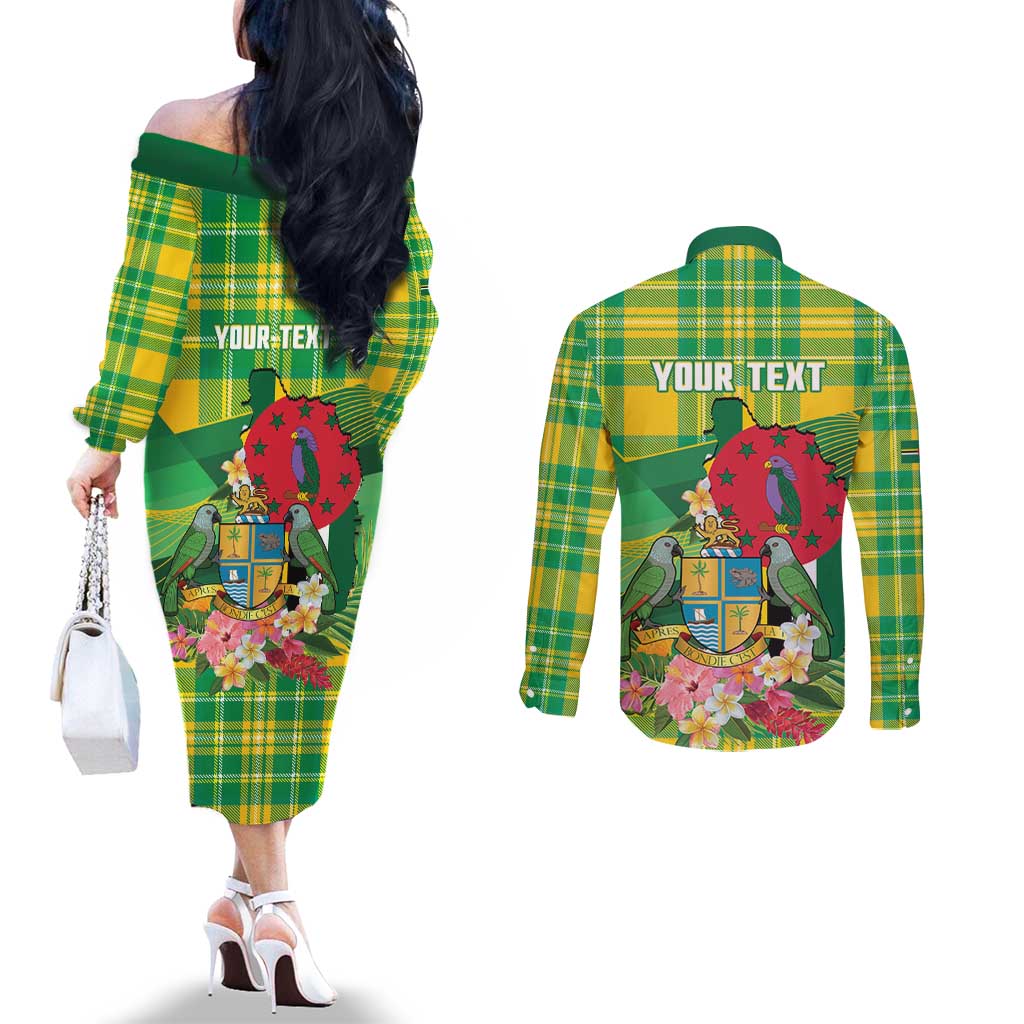 Personalized Dominica Independence Day Couples Matching Off The Shoulder Long Sleeve Dress and Long Sleeve Button Shirt Map With Coat Of Arms Madras Pattern - Wonder Print Shop
